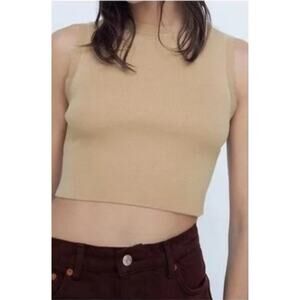 2/$30 Zara High Neck Ribbed Cropped Tank Top Tan Size M
